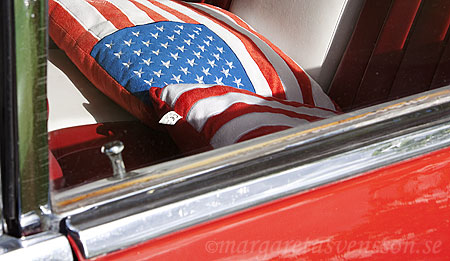 Amerikansk kudde i en röd bil